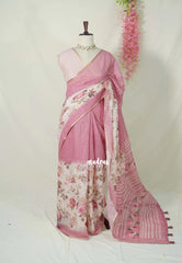 Onion Mauve Pink - Pragathi - Linen Cotton Partly Pallu Saree with Floral Prints and Contrast Blouse - Best for Office Wear | Casual Wear