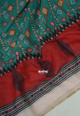 Peacock Green with Beige - Pragathi - Linen Cotton Saree Ganga Jamuna Border with Contrast Blouse - Best for Office Wear | Casual Wear