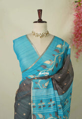 Elephant Grey - Pragathi - Linen Cotton Saree Stripes with Buttas Contrast Pallu and Blouse - Best for Office Wear | Casual Wear