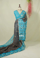 Elephant Grey - Pragathi - Linen Cotton Saree Stripes with Buttas Contrast Pallu and Blouse - Best for Office Wear | Casual Wear