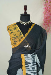 Nightfall Black with Scallop - Pragathi - Linen Cotton Saree Floral Print Scallop Border with Contrast Pallu and Blouse - Perfect for Office Wear | Summer wear | Casual Wear