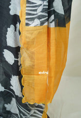 Nightfall Black with Scallop - Pragathi - Linen Cotton Saree Floral Print Scallop Border with Contrast Pallu and Blouse - Perfect for Office Wear | Summer wear | Casual Wear