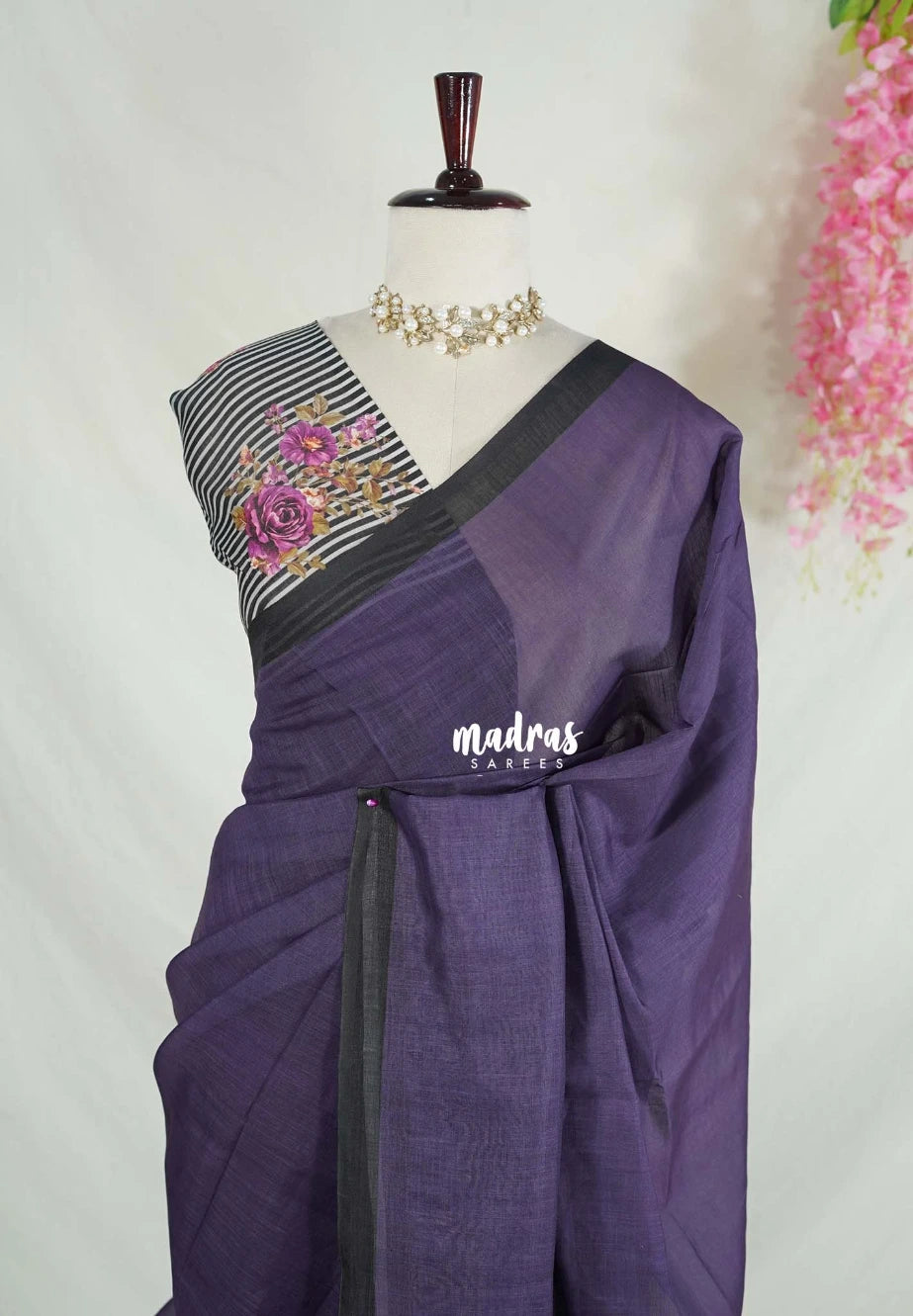 Jamun Purple - Pragathi - Linen Cotton Saree Plain and Stripes with Floral Prints Blouse - Perfect for Office Wear | Summer wear | Casual Wear
