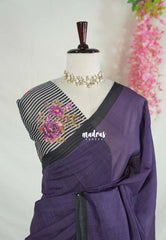Jamun Purple - Pragathi - Linen Cotton Saree Plain and Stripes with Floral Prints Blouse - Perfect for Office Wear | Summer wear | Casual Wear