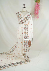 Ivory Beige - Pragathi - Linen Cotton Saree with Floral Printed - Perfect for Office Wear | Summer wear | Casual Wear
