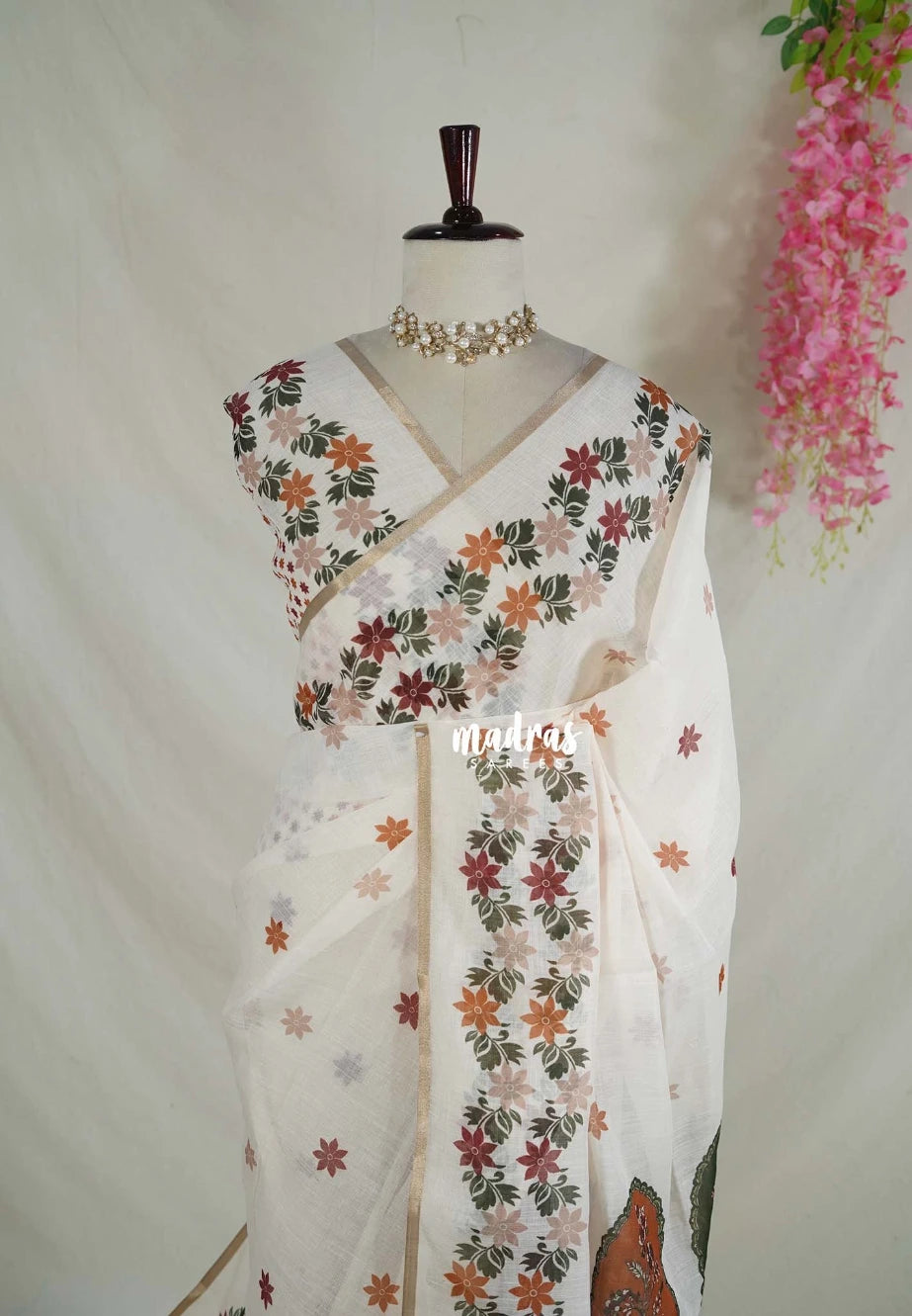 Ivory Beige - Pragathi - Linen Cotton Saree with Floral Printed - Perfect for Office Wear | Summer wear | Casual Wear