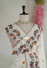 Ivory Beige - Pragathi - Linen Cotton Saree with Floral Printed - Perfect for Office Wear | Summer wear | Casual Wear