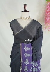 Nightfall Black & Purple - Pragathi - Linen Cotton Saree Plain and Contrast Border and Pallu - Perfect for Office Wear | Summer wear | Casual Wear