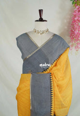 Paris Yellow - Pragathi - Linen Cotton Saree Plain with Checks Border, Pallu and Blouse - Perfect for Office Wear | Summer wear | Casual Wear