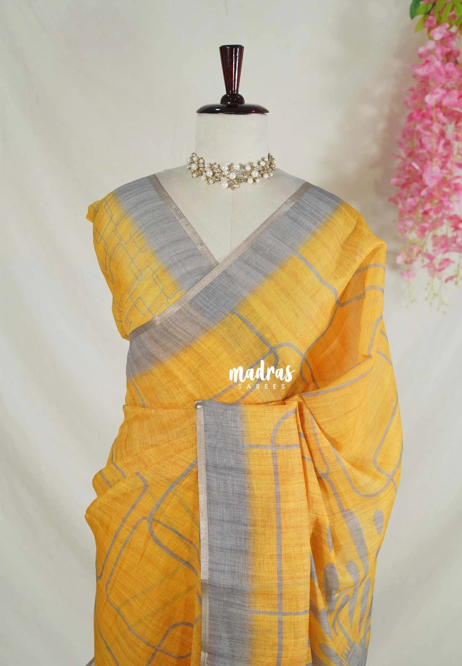 Mustard Yellow - Pragathi - Linen Cotton Saree Digital Prints and Contrast Border - Perfect for Office Wear | Summer wear | Casual Wear