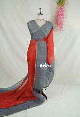 Brick Orange - Pragathi - Linen Cotton Saree Plain with Checks Border, Pallu and Blouse - Perfect for Office Wear | Summer wear | Casual Wear