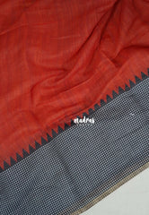 Brick Orange - Pragathi - Linen Cotton Saree Plain with Checks Border, Pallu and Blouse - Perfect for Office Wear | Summer wear | Casual Wear
