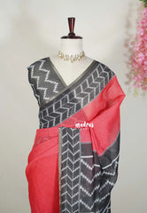 Tomato Red - Pragathi - Linen Cotton Saree Contrast Border and Blouse - Perfect for Office Wear | Casual Wear