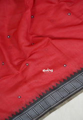 Chilli Red - Pragathi - Linen Cotton Saree Contrast Border and Blouse with Buttas - Perfect for Office Wear | Casual Wear