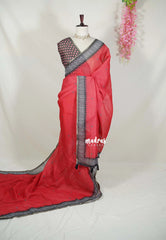 Chilli Red - Pragathi - Linen Cotton Saree Contrast Border and Blouse with Buttas - Perfect for Office Wear | Casual Wear
