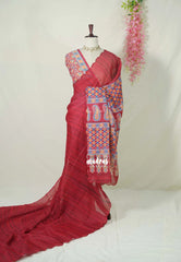Muted Crimson Red with Scallop - Linen Cotton Saree with Scallop Border - Perfect for Office Wear | Summer wear | Casual Wear