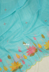 Sky Melody Blue with Scallop - Pragathi - Linen Cotton Saree Lotus Prints Scallop Border with Contrast Blouse - Perfect for Office Wear | Summer wear | Casual Wear