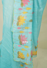 Sky Melody Blue with Scallop - Pragathi - Linen Cotton Saree Lotus Prints Scallop Border with Contrast Blouse - Perfect for Office Wear | Summer wear | Casual Wear