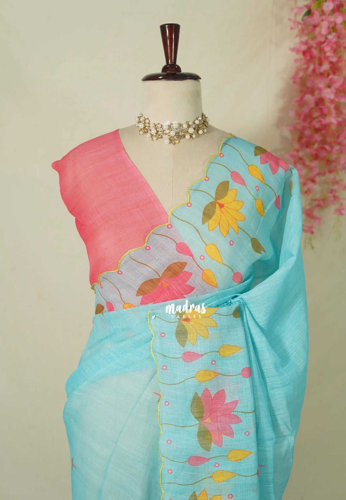 Sky Melody Blue with Scallop - Pragathi - Linen Cotton Saree Lotus Prints Scallop Border with Contrast Blouse - Perfect for Office Wear | Summer wear | Casual Wear