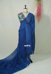 Cobalt Blue with Scallop - Pragathi - Linen Cotton Saree with Scallop Border and Madras Checks Blouse - Best for Office Wear | Casual Wear