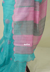 Aqua Blue with Scallop - Pragathi - Linen Cotton Saree with Buttas Scallop Border Contrast Pallu and Blouse - Best for Office Wear | Casual Wear