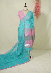 Aqua Blue with Scallop - Pragathi - Linen Cotton Saree with Buttas Scallop Border Contrast Pallu and Blouse - Best for Office Wear | Casual Wear