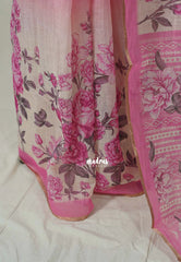 Rose Pink - Pragathi - Linen Cotton Partly Pallu Saree with Floral Prints and Contrast Blouse - Best for Office Wear | Casual Wear