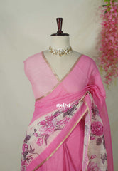 Rose Pink - Pragathi - Linen Cotton Partly Pallu Saree with Floral Prints and Contrast Blouse - Best for Office Wear | Casual Wear