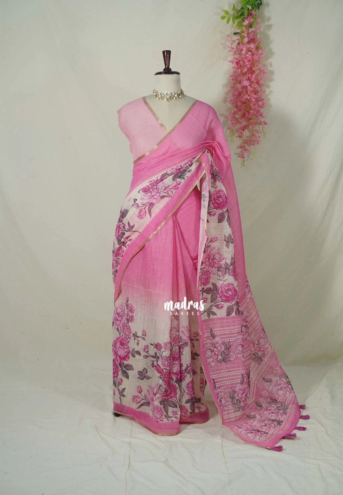 Rose Pink - Pragathi - Linen Cotton Partly Pallu Saree with Floral Prints and Contrast Blouse - Best for Office Wear | Casual Wear
