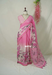 Rose Pink - Pragathi - Linen Cotton Partly Pallu Saree with Floral Prints and Contrast Blouse - Best for Office Wear | Casual Wear