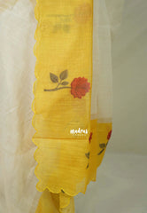 Creamy Ivory with Scallop - Pragathi - Linen Cotton Saree Plain with Flower Printed Scallop Border - Perfect for Office Wear | Summer wear | Casual Wear