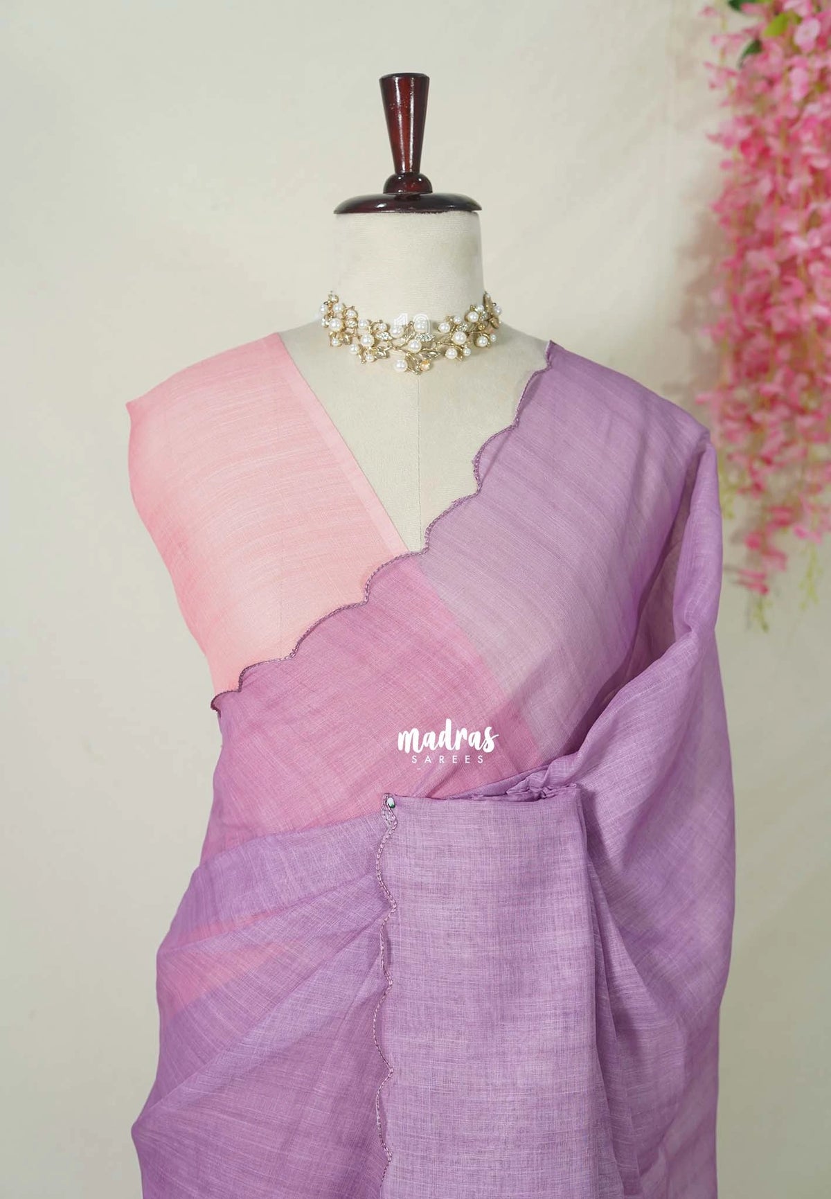 Lilac Glow with Scallop - Pragathi - Linen Cotton Plain Saree Scallop Border with Contrast Blouse - Perfect for Office Wear | Summer wear | Casual Wear