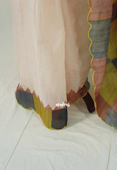 Sandal Beige with Multicolor Checks and Scallop - Pragathi - Linen Cotton Saree Half and Half Pattern with Box Prints Scallop Border - Perfect for Office Wear | Summer wear | Casual Wear