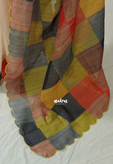 Sandal Beige with Multicolor Checks and Scallop - Pragathi - Linen Cotton Saree Half and Half Pattern with Box Prints Scallop Border - Perfect for Office Wear | Summer wear | Casual Wear