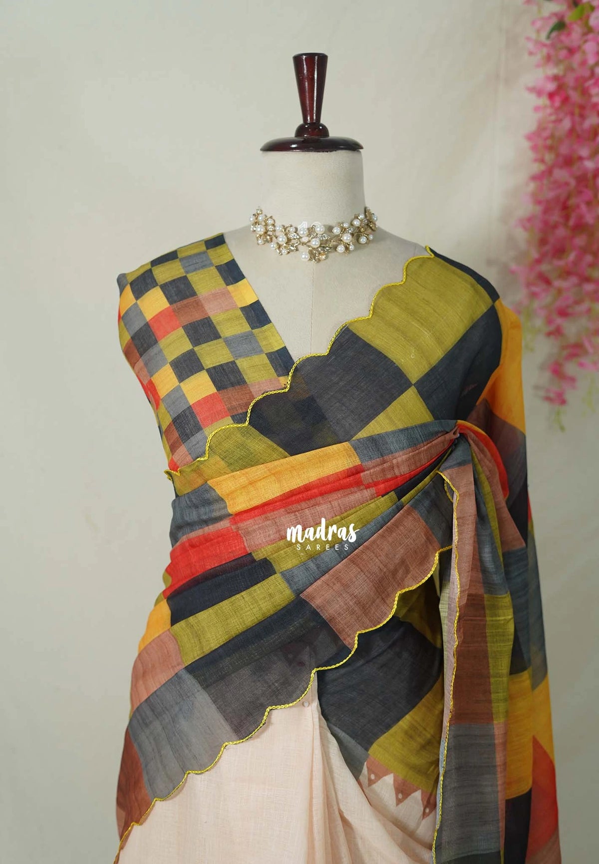 Sandal Beige with Multicolor Checks and Scallop - Pragathi - Linen Cotton Saree Half and Half Pattern with Box Prints Scallop Border - Perfect for Office Wear | Summer wear | Casual Wear
