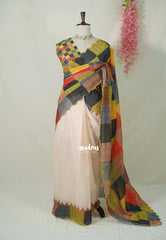 Sandal Beige with Multicolor Checks and Scallop - Pragathi - Linen Cotton Saree Half and Half Pattern with Box Prints Scallop Border - Perfect for Office Wear | Summer wear | Casual Wear