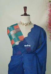 Cobalt Blue with Scallop - Pragathi - Linen Cotton Saree with Scallop Border and Madras Checks Blouse - Best for Office Wear | Casual Wear