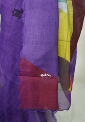 Lavender Purple with Scallop - Pragathi - Linen Cotton Saree with Floral Print Scallop Border and Contrast Blouse - Perfect for Office Wear | Summer wear | Casual Wear
