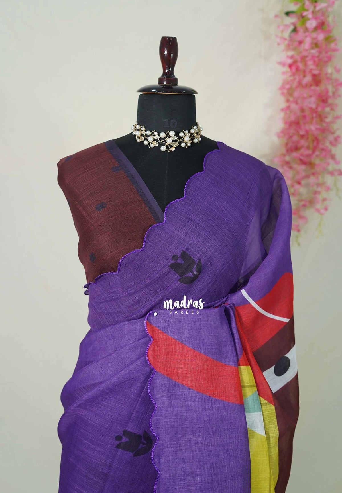 Lavender Purple with Scallop - Pragathi - Linen Cotton Saree with Floral Print Scallop Border and Contrast Blouse - Perfect for Office Wear | Summer wear | Casual Wear