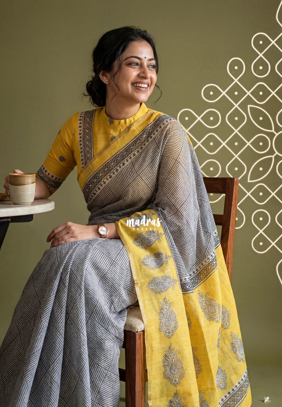 (PRE-BOOKING) Muted White and Black - Pragathi - Linen Cotton Saree Geometric Striped Pattern with Jaipur Prints - Best for Office Wear | Casual Wear