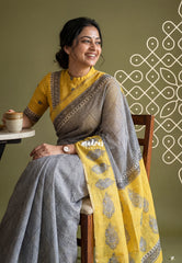 (PRE-BOOKING) Muted White and Black - Pragathi - Linen Cotton Saree Geometric Striped Pattern with Jaipur Prints - Best for Office Wear | Casual Wear