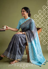 Cool Grey - Linen Cotton Saree with Contrast Pallu and Blouse - Best for Office Wear | Casual Wear