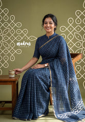 (PRE-BOOKING) Midnight Blue - Pragathi - Linen Cotton Saree with Jaipur Prints - Best for Office Wear | Casual Wear
