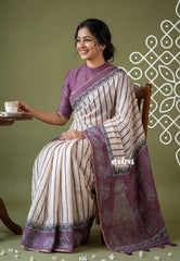 Powder Peach - Pragathi - Linen Cotton Saree Stripes with Jaipur Prints - Best for Office Wear | Casual Wear