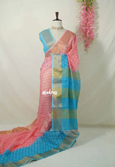 Peach Pink with Sky Blue - Linen Cotton Saree Dual Color Tone wiht Polka Dots and Tissue Border - Perfect for Office Wear | Summer wear | Casual Wear