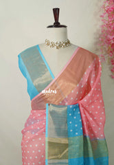 Peach Pink with Sky Blue - Linen Cotton Saree Dual Color Tone wiht Polka Dots and Tissue Border - Perfect for Office Wear | Summer wear | Casual Wear