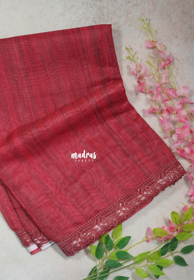 Muted Crimson Red with Heavy Lace - Linen Cotton Saree with Heavy Lace Embroidery - Perfect for Office Wear | Summer wear | Casual Wear