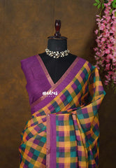 Rainbow Madras Checks - Pragath - Linen Cotton Saree with Madras Checks and Tiny Border - Perfect for Office Wear | Summer wear | Casual Wear