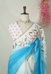Sky Blue Ombre with White Base  - Pragathi Linen Cotton Saree with Gradient Ombre tone and Floral Digital Prints - Perfect for Office Wear | Summer wear | Casual Wear