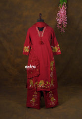 Deep Red – Aavani - Pre-Washed Handspun Cotton Ready-Made 3 piece Kurti Set with Floral Embroidery – Perfect for Office & Everyday Wear